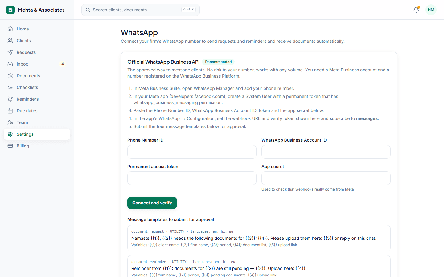 WhatsApp connection settings with official API and QR options