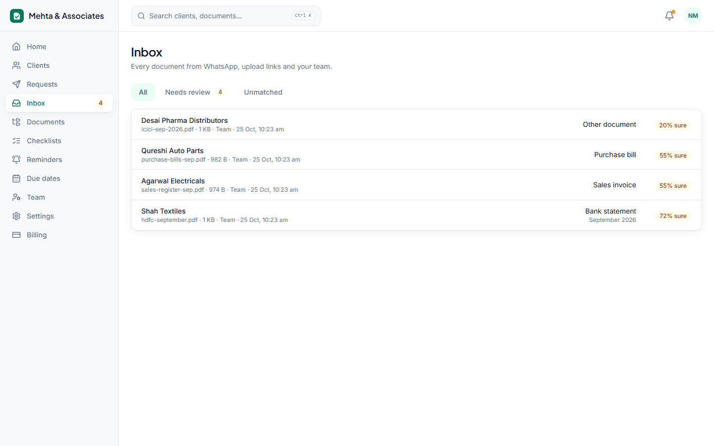 Review inbox with document type, period and confidence for each file