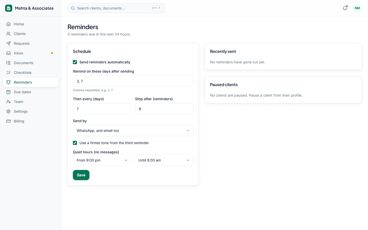 Reminder schedule settings and reminder history