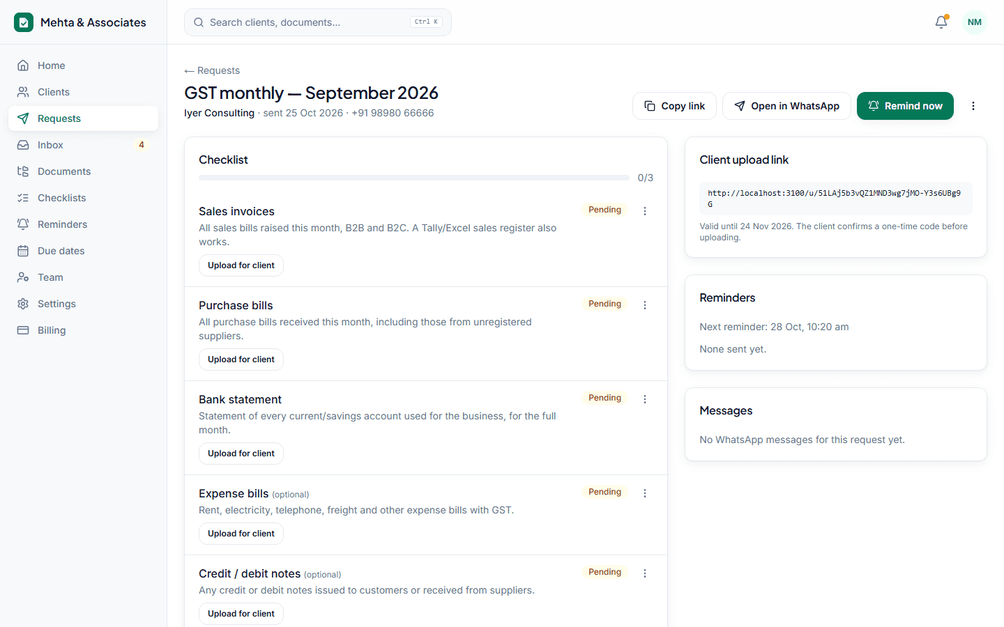 A document request with checklist status and reminder history